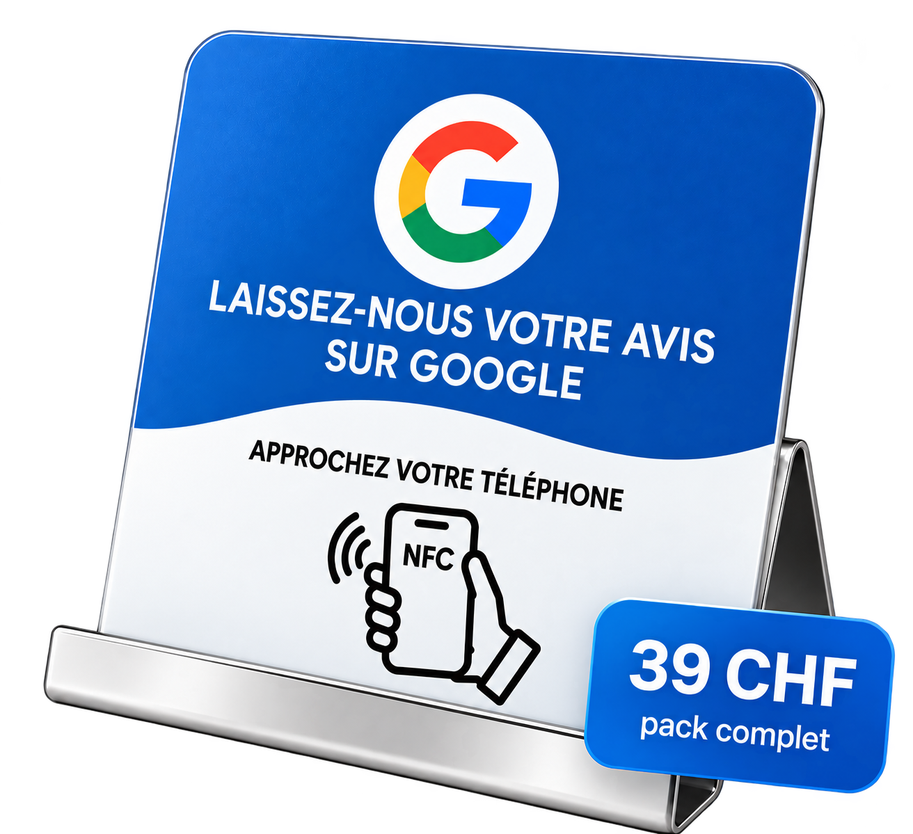 Plaque NFC Avis Google avec support premium métallique chromé — pack 39 CHF