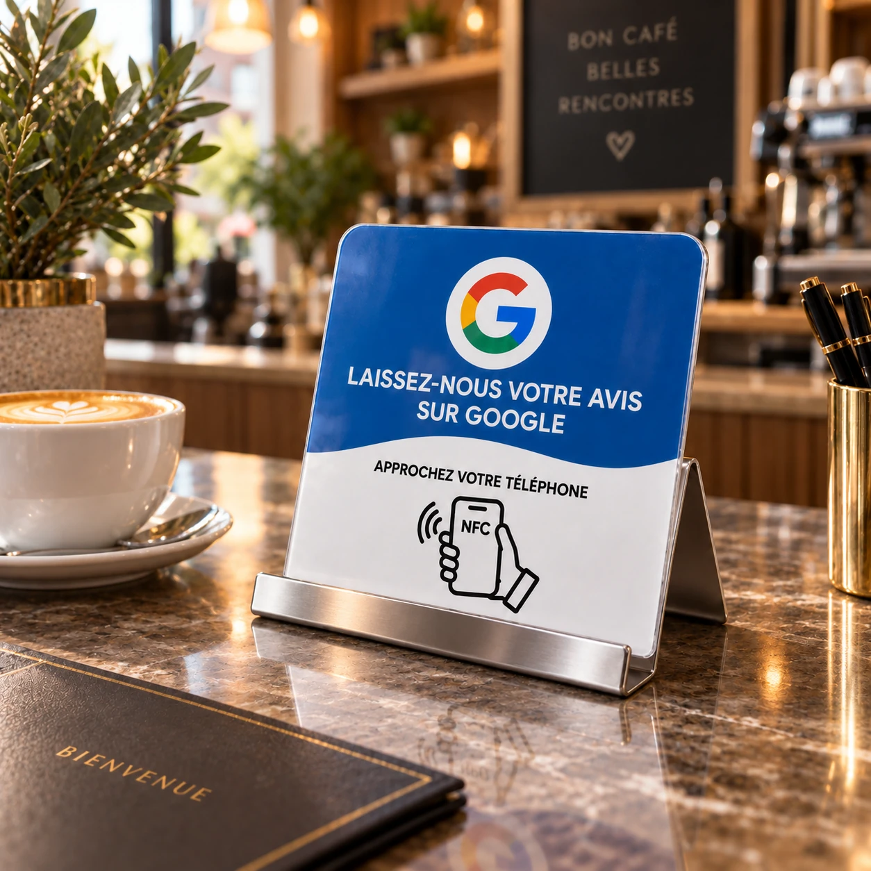 Pack plaque NFC et support premium sur un comptoir de café